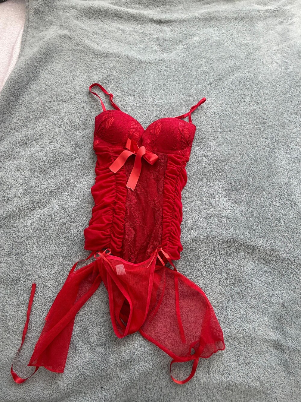 Red Lace Bodysuit with Bow Detail Sheer Mesh Lingerie